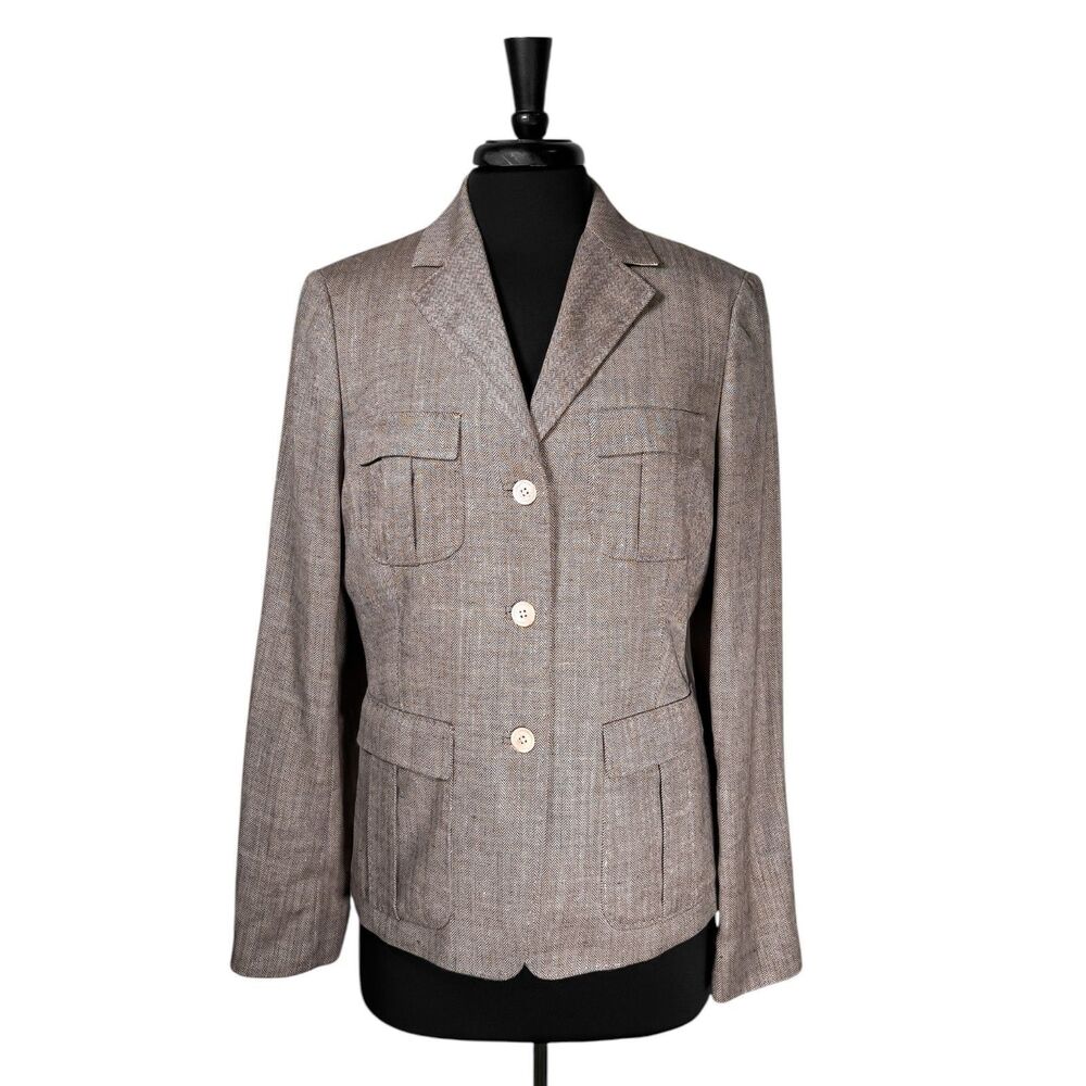 Brooks Brothers Womens Size 12 Beige Wool Silk Linen Herringbone Blazer Italian